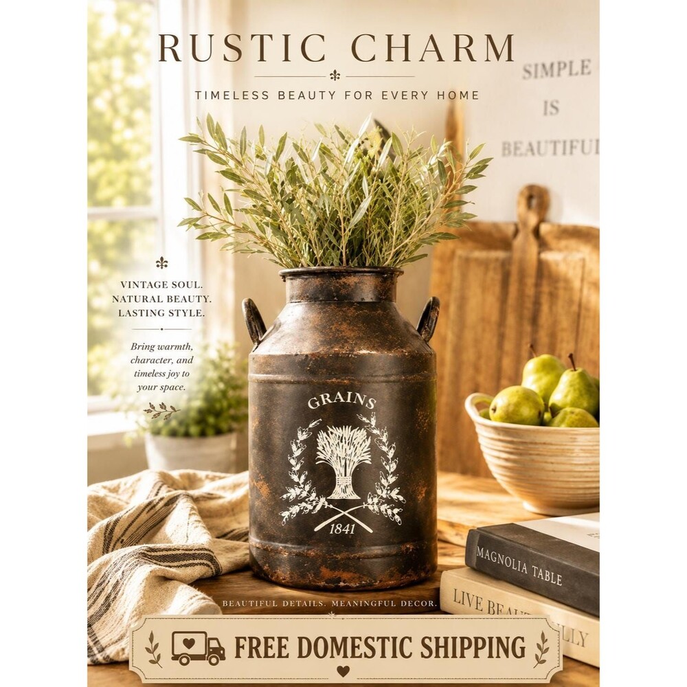 Rustic Farmhouse Milk Can Decor – Vintage Style Metal Vase with Wheat